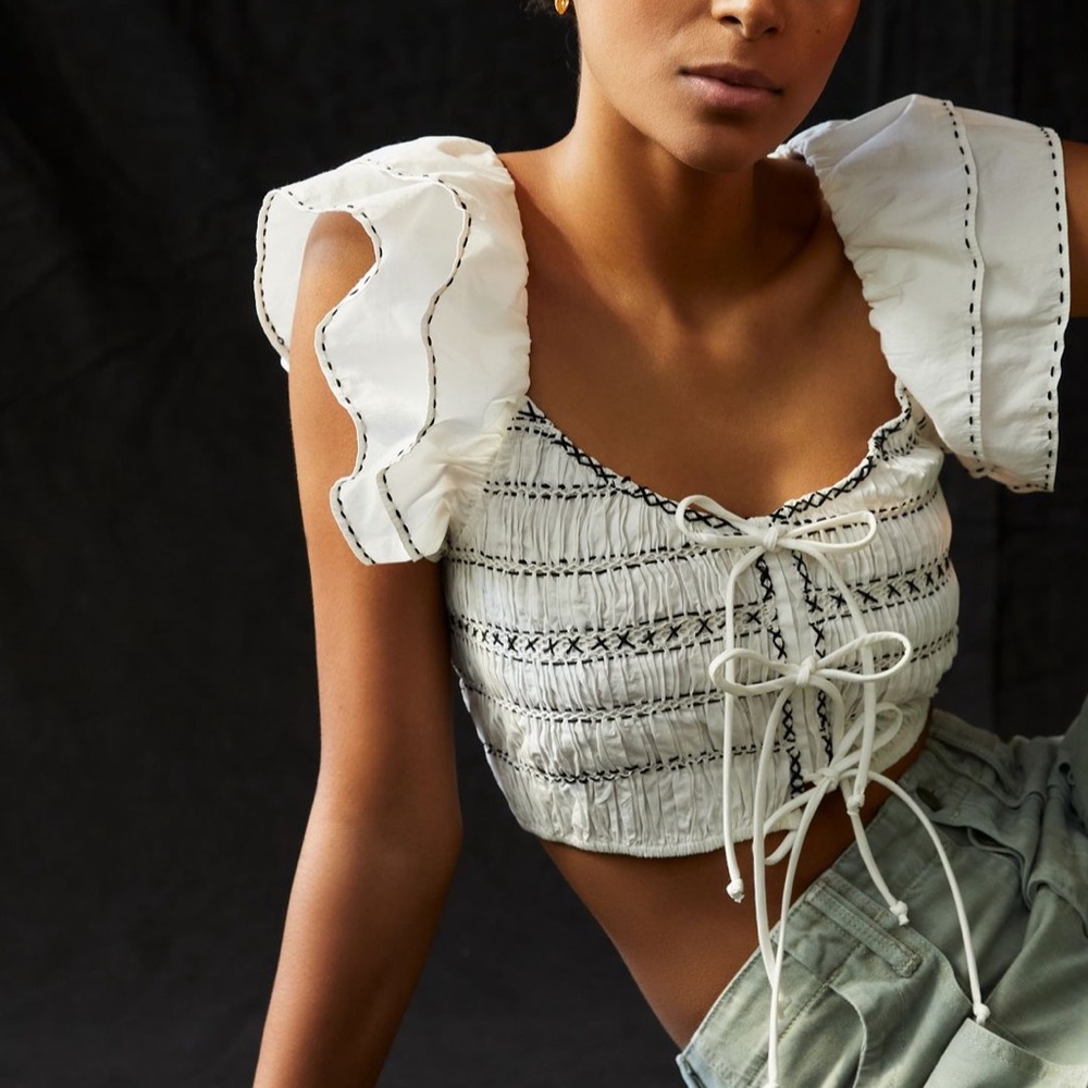 Anthropologie White and Black Smocked Blouse